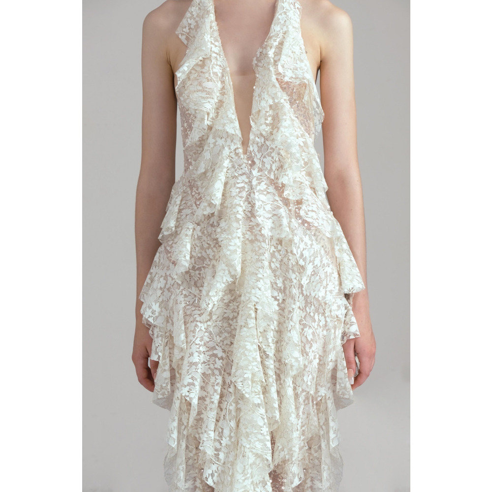 Dress Santorini  Halter V Neck Ruffle Ruched, Maxi, Cream, size M - 4