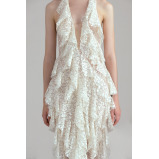 Dress Santorini  Halter V Neck Ruffle Ruched, Maxi, Cream, size M - 4 miniature