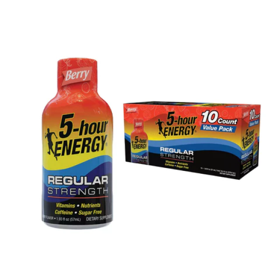 5-Часовой Energy SHOT, Extra REGULAR, Со Вкусом Ягод, Без САХАРА, 10 Штук, 570 мл