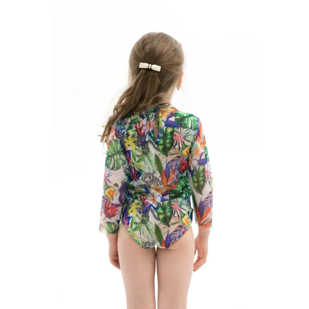 KID's Closed Back One-piece Swimsuit with Sleeves, Tropical Vibes, size 110 - 2