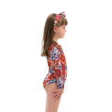 KID's Closed Back One-piece Swimsuit with Sleeves, Pomegranate Red, size 104 - 2 miniature