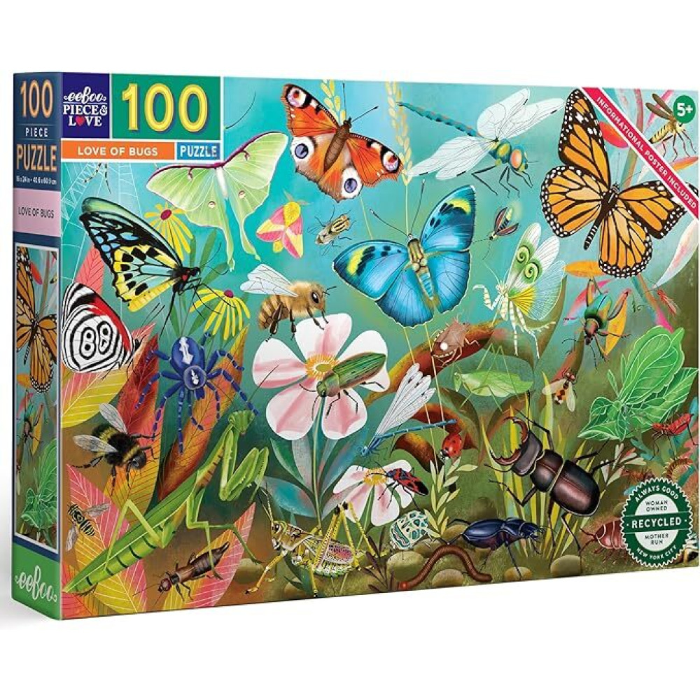 eeBoo: Love of Bugs - 100 Piece Puzzle - 24 x 16 Kids Jigsaw, Glossy Pieces, Children Ages 5+ - 1