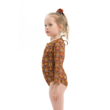 KID's Closed Back One-piece Swimsuit with Sleeves, Ethnic Brown, size 104 - 2 miniature