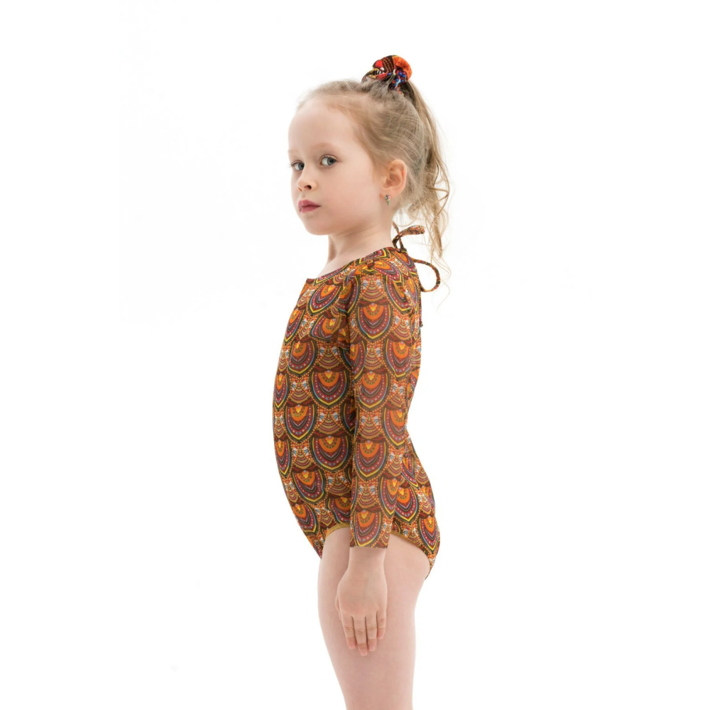 KID's Closed Back One-piece Swimsuit with Sleeves, Ethnic Brown, size 116 - 2