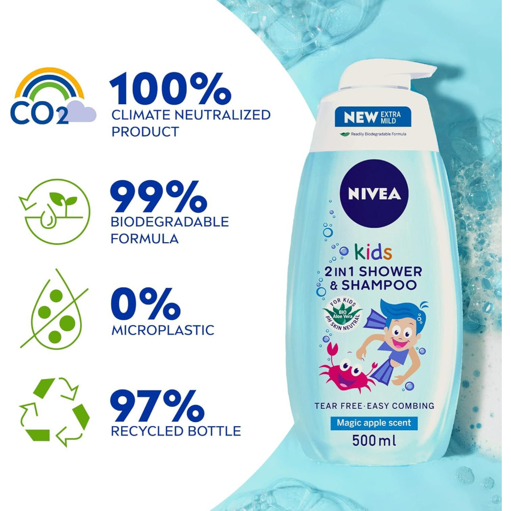 Nivea Kids 2 in 1 Shower & Shampoo Bath, Bio Aloe Vera Apple Scent, 250 ml - 5