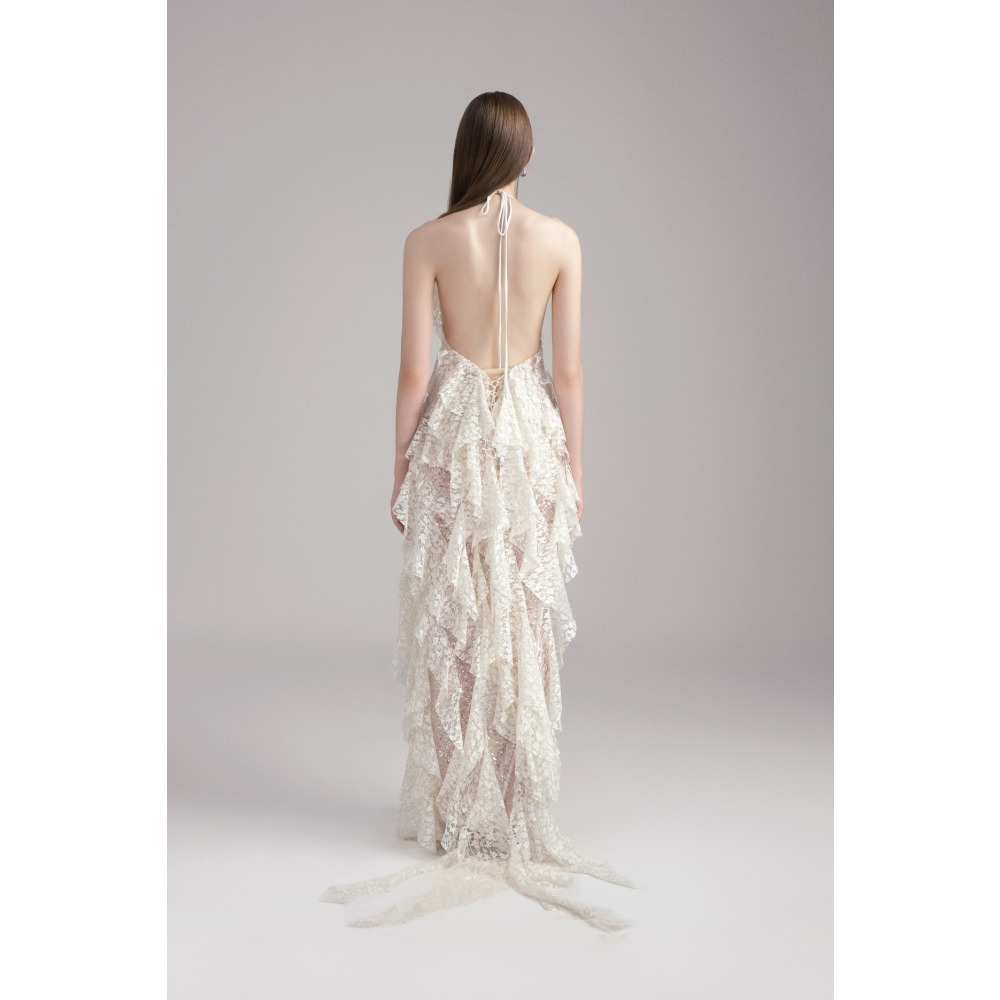 Dress Santorini  Halter V Neck Ruffle Ruched, Maxi, Cream, size M - 2