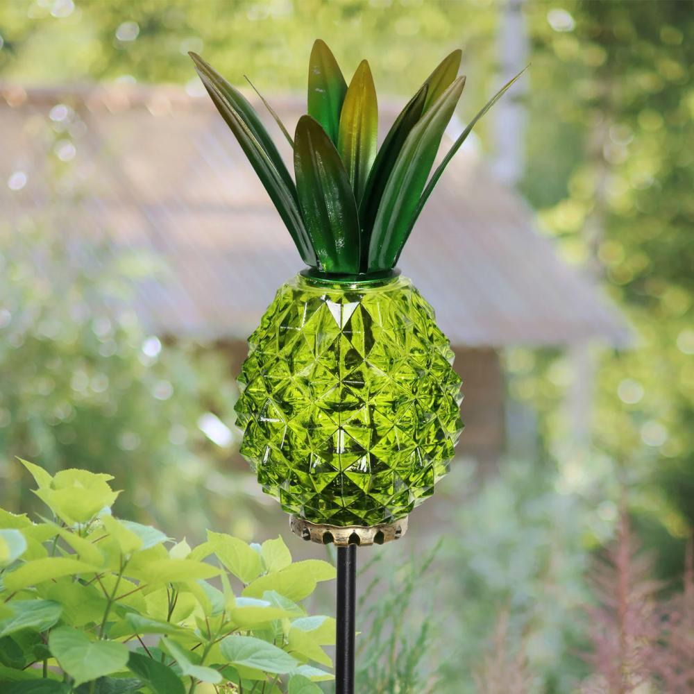 Exhart Solar Metal and Glass Pineapple Garden Stakes Green - 4