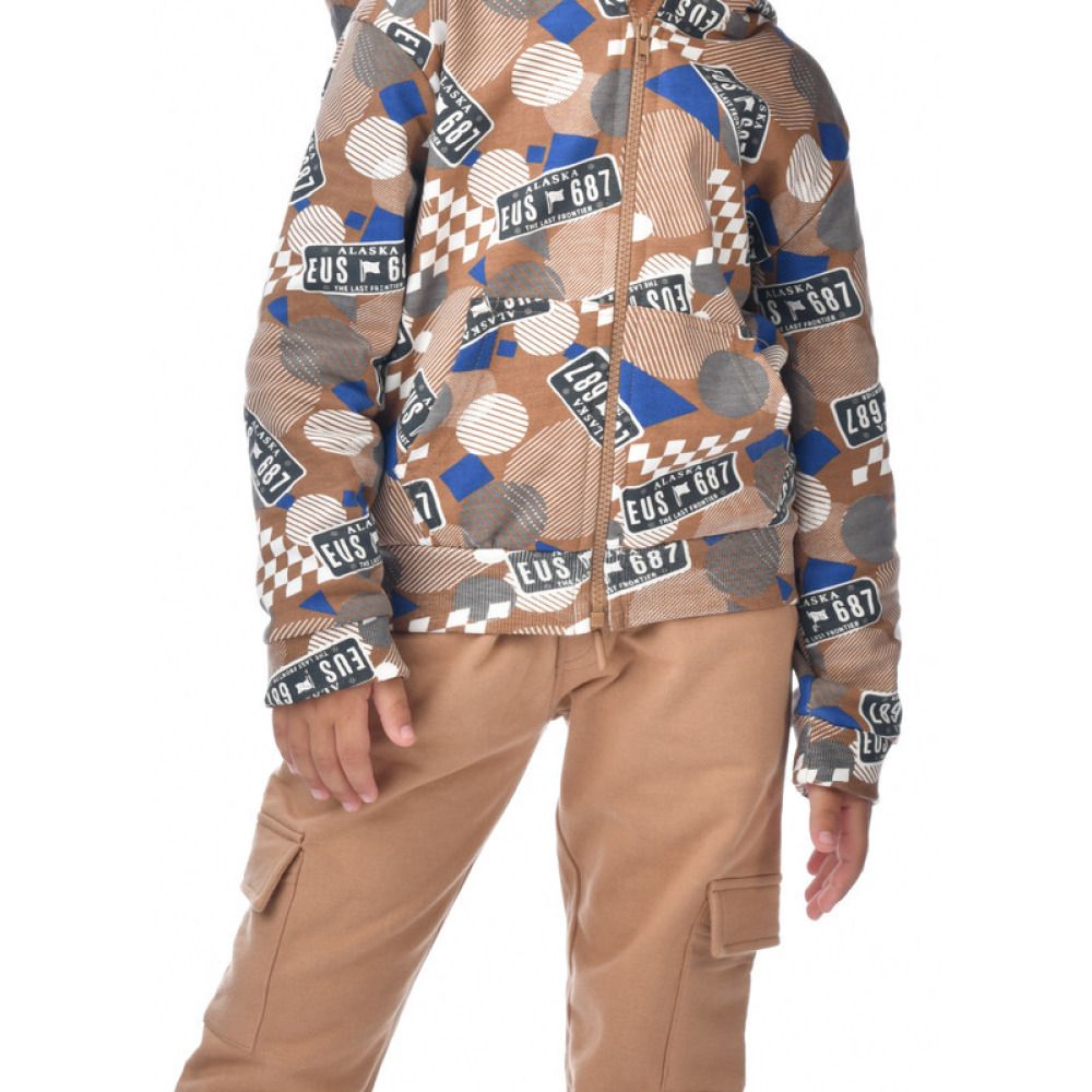 طقم مكون من قطعتين من هودي بسحاب كامل مطبوع وبنطال رياضي بني للأولاد (7-8 سنوات) بني - 6