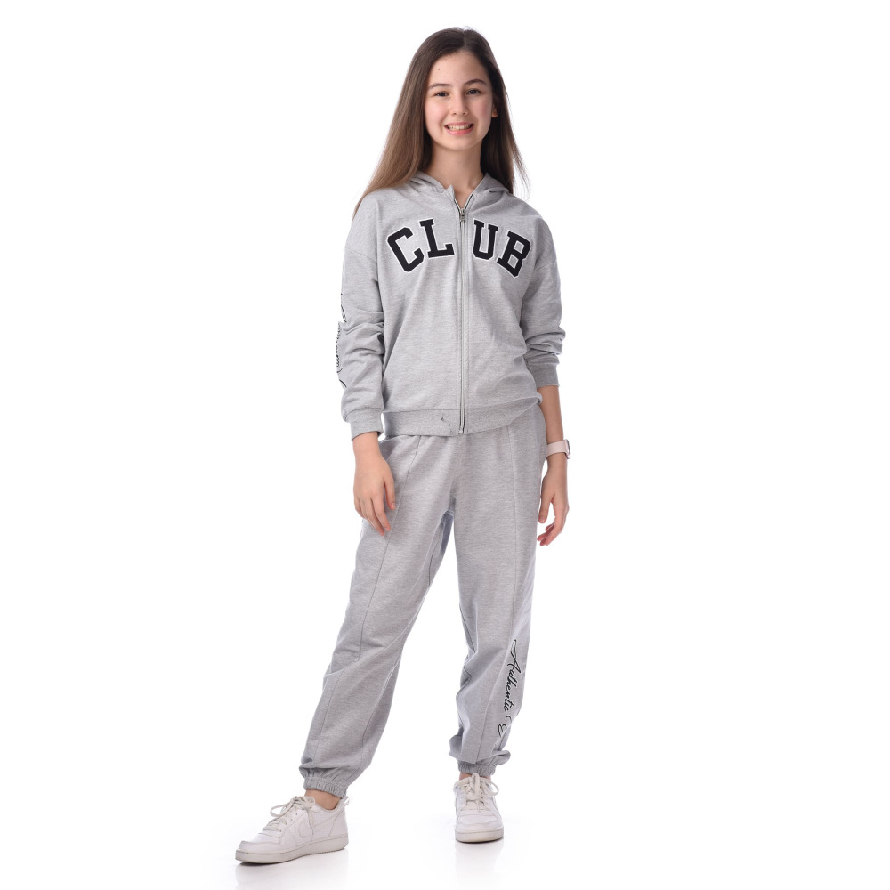 Girl's 2 piece Mil Set, Fullzipper Hoodie + Pants (13-14 yrs), Grey - 2