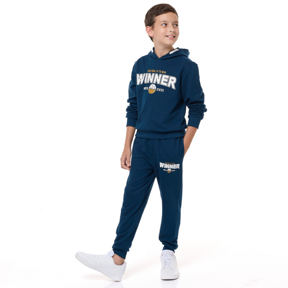 طقم مكون من قطعتين من هودي وبنطال رياضي للأولاد (9-10 سنوات) باللون الأزرق الداكن - 1