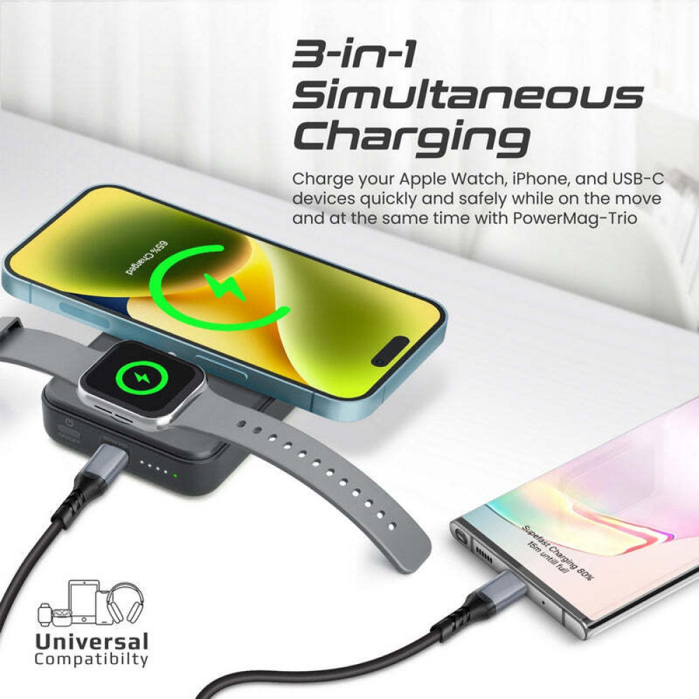 Promate PowerMag-Trio SuperCharge MagSafe Compatible & Apple Watch Wireless Charging Power Bank - 2