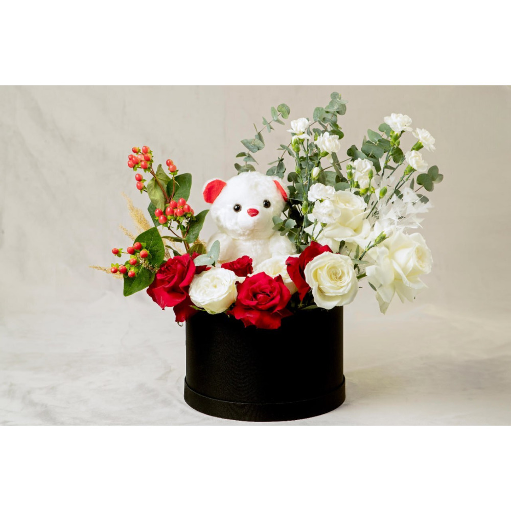 Mixed Blooms&teddy In A Black Box - 1