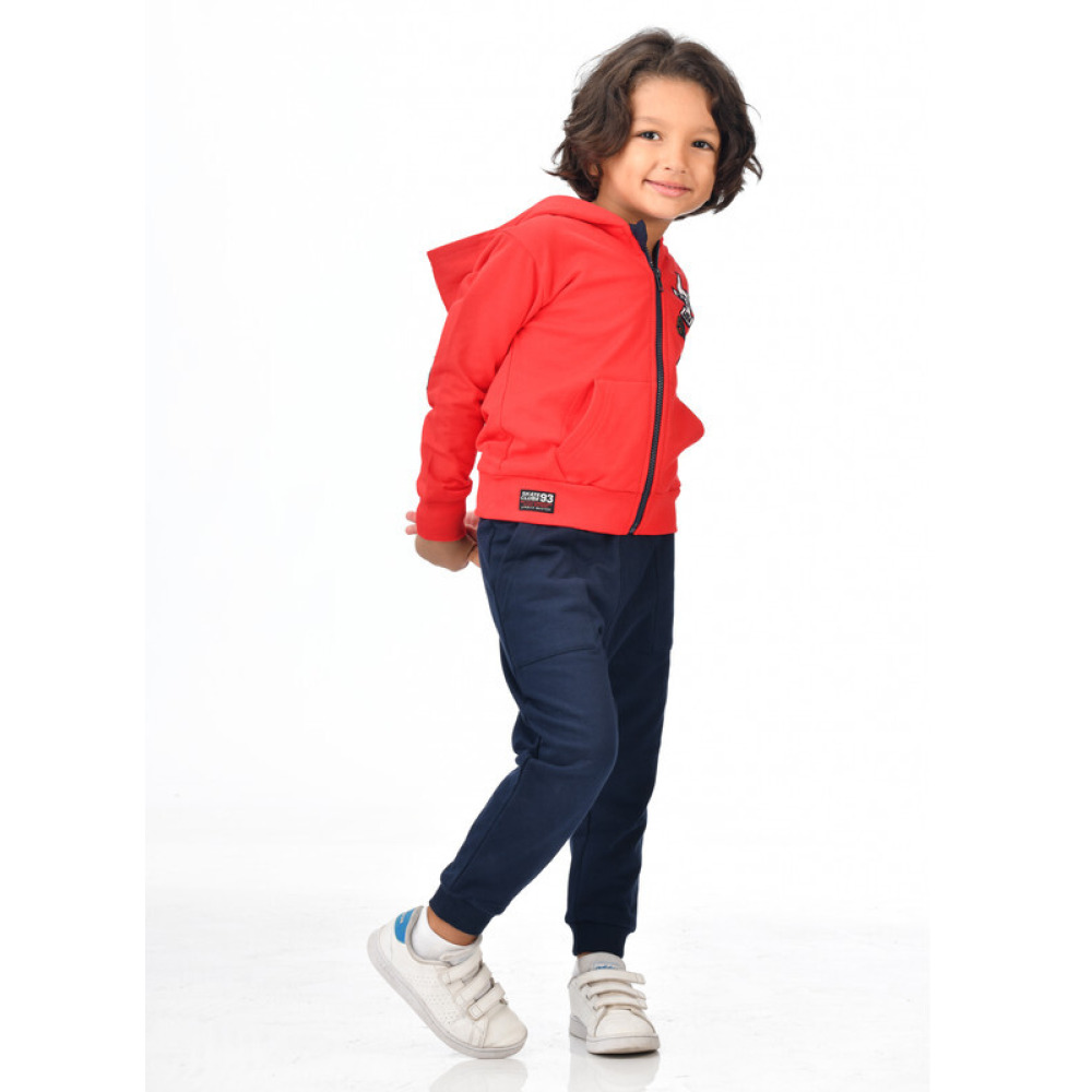 طقم مكون من قطعتين من هودي بسحاب كامل وبنطال رياضي للأولاد (3-4 سنوات) أحمر - كحلي - 3