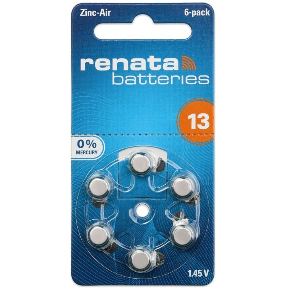 6-Pieces Renata (Size 13) Hearing Aid 1.45V Zinc-Air 0% Mercury Batteries - 1