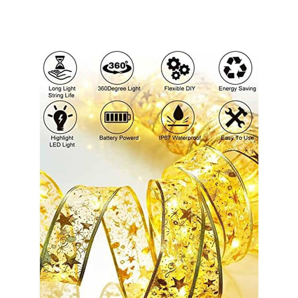 Gold Ribbon LED Lights with 100 LEDs Double Layer Copper Wire Bows Garland Fairy String Lights for Wedding and Home Decorations - 3