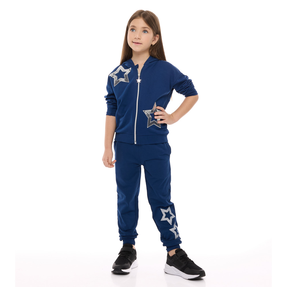 Комплект Из 2 ПРЕДМЕТОВ Для Девочек, Синий, Толстовка С КАПЮШОНОМ На МОЛНИИ с вышитой звездой + брюки (7-8 лет) - 2