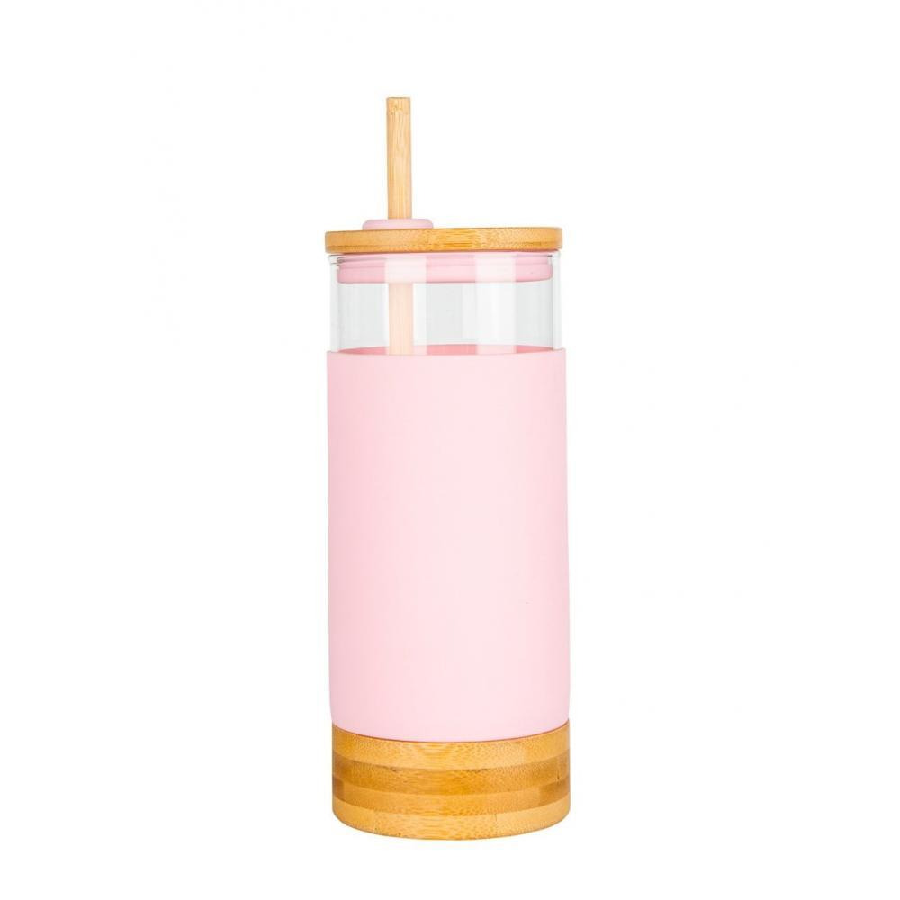 Little Storage 650ML Bamboo Glass Silicone Drinking Cup With Straw Pink - 2