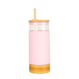 Little Storage 650ML Bamboo Glass Silicone Drinking Cup With Straw Pink - 2 miniature