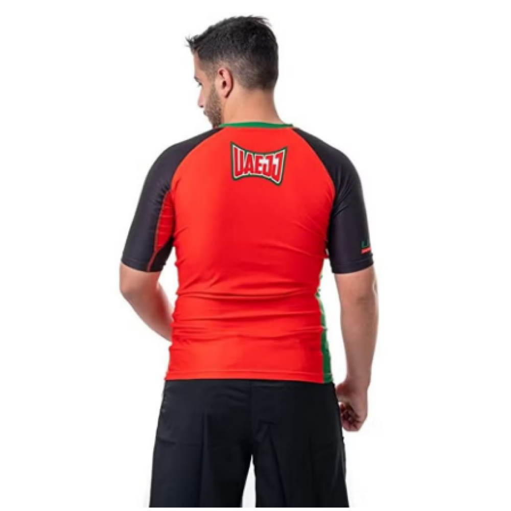 UAEJJ Jiu Jitsu واقي من الطفح الجلدي بأكمام قصيرة، أحمر، مقاس S - 3