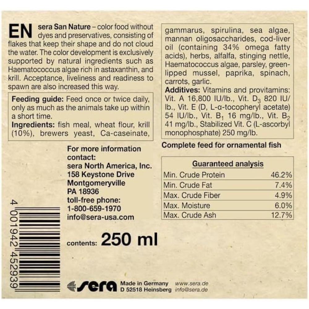 Sera San Nature, Fish Flakes Food Without Dyes And Preservatives - 250 ml - 2