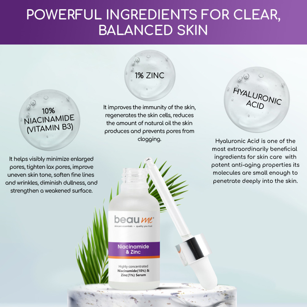 BEAUME® Highly Concentrated Niacinamide + Zinc Serum with 10% Niacinamide, 1% Zinc and Hyaluronic Acid, 30ml - 3