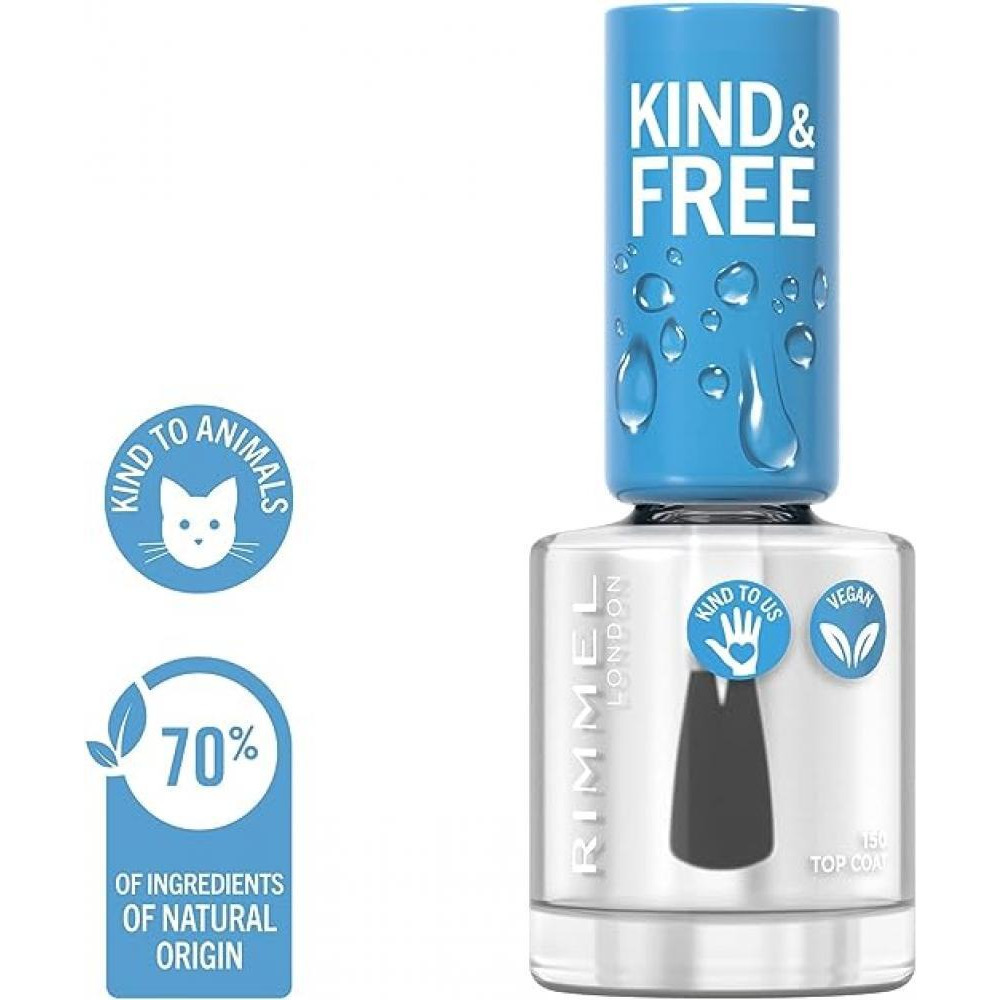 Rimmel / Kind & Free СLEAN, Лак для Ногтей, дышащее верхнее Покрытие, формула НА РАСТИТЕЛЬНОЙ основе, ВЕГАНСКИЙ, 0,25 Ж. Унц. (8 мл) , Оттенок 151 fre - 2