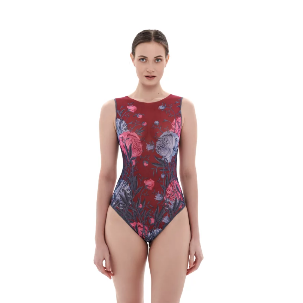 One-piece Sleeveless Swimsuit Peonies (XL) - 1