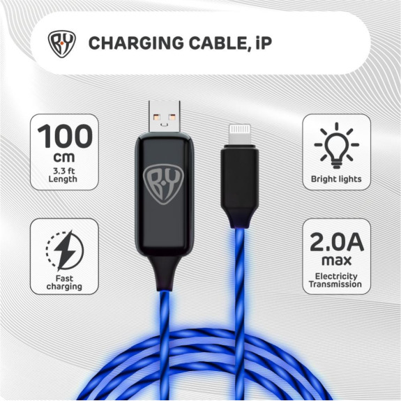 BY LED iP Charging Cable, iPhone USB, Data Transfer, Blue LED Flow Current Light , 2A ,100cm