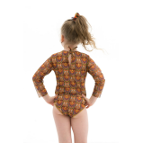 KID's Closed Back One-piece Swimsuit with Sleeves, Ethnic Brown, size 116 - 3 miniature