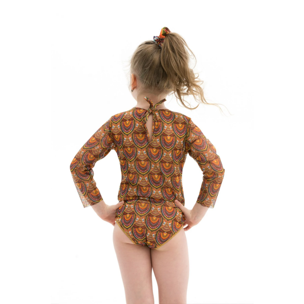 KID's Closed Back One-piece Swimsuit with Sleeves, Ethnic Brown, size 140 - 3