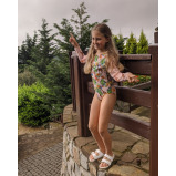 KID's Closed Back One-piece Swimsuit with Sleeves, Giraffes, size 134 - 6 miniature