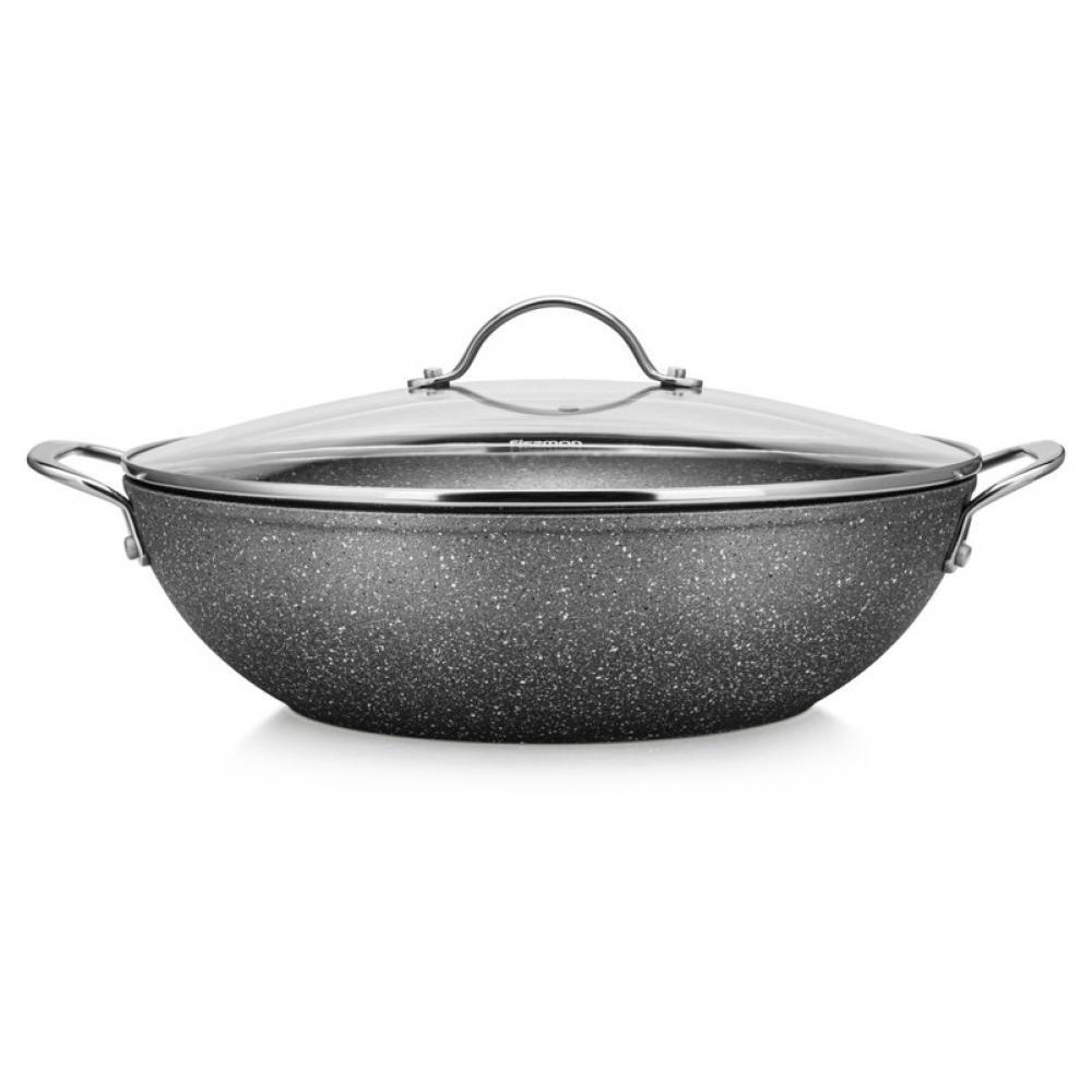 Fissman Wok Pan Aluminum Non-Stick Coating Moon Stone Series With Glass Lid 32 x 9cm/5.6LTR Silver - 1
