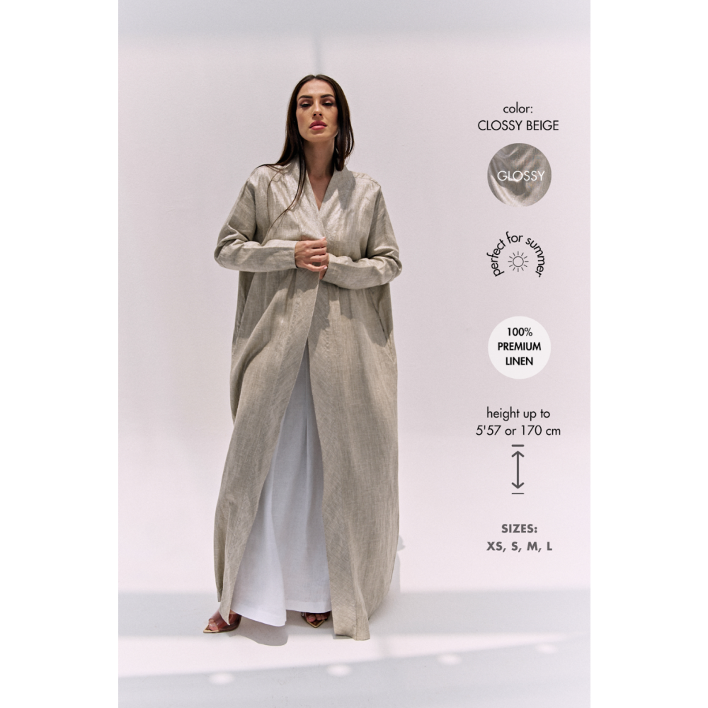 Льняной Летний Кардиган АБАЯ, Глянцевый Бежевый (L) - 8