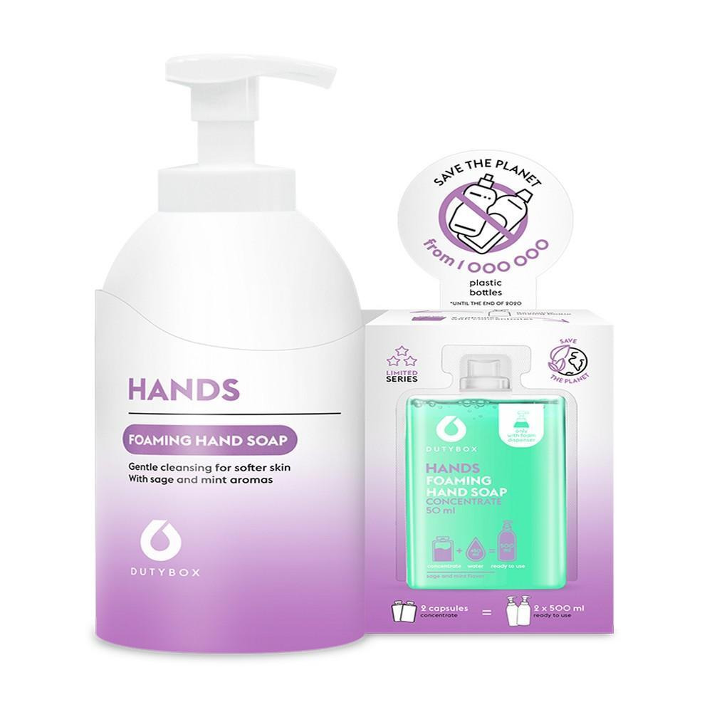 سلسلة الأيدي من ديوتي بوكس، مجموعة صابون رغوي، زجاجة مضخة قابلة لإعادة الاستخدام + 2 كبسولة قابلة لإعادة التعبئة، المريمية والنعناع - 1