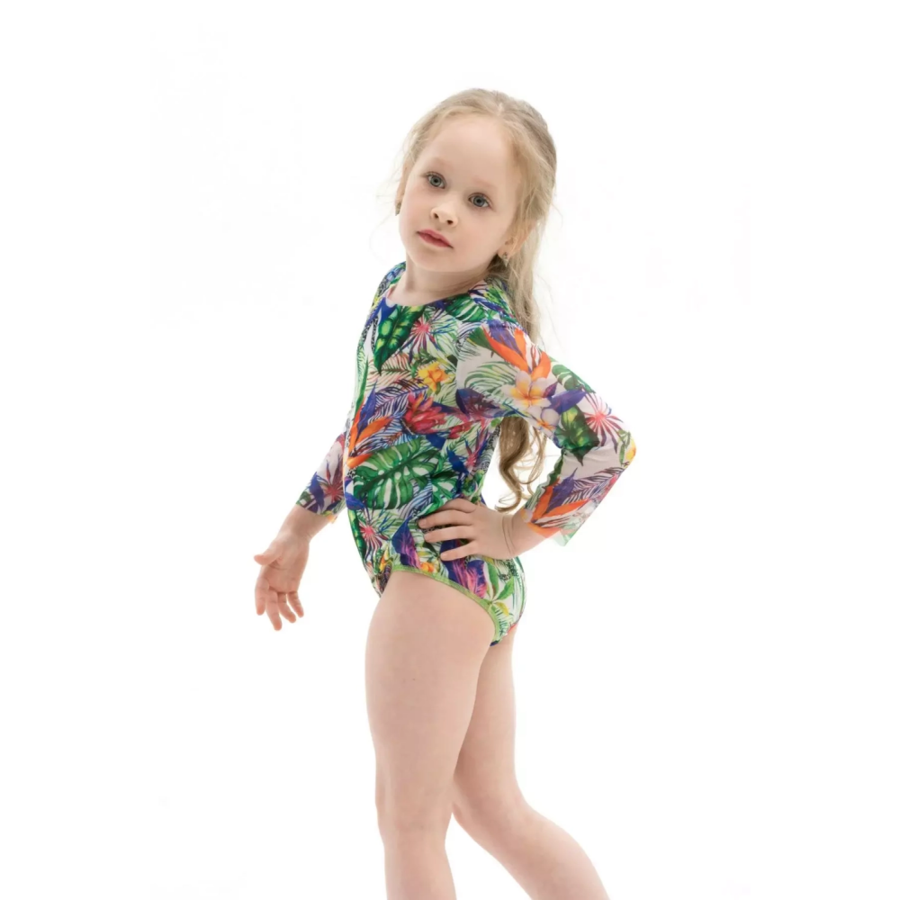 KID's Closed Back One-piece Swimsuit with Sleeves, Tropical Vibes, size 110 - 3