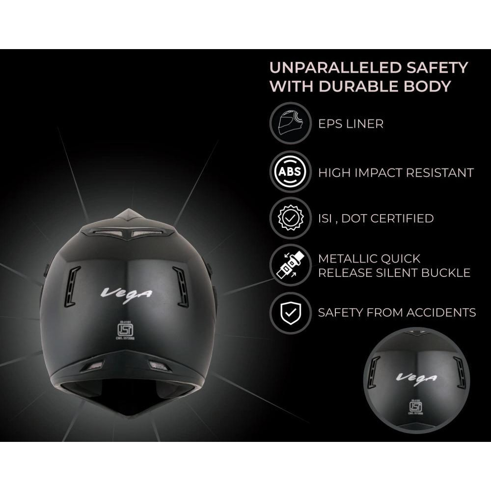 Vega Off Road ISI Certified Matt Finish Full Face Dual Visor with Peak Helmet for Men and Women Outer Clear Visor and Inner Smoke Sun Visor (Dull Blac - 6