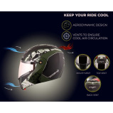 Vega Crux Dx Camouflage ISI Certified Smooth Matt Finish Flip-Up Helmet for Men and Women with Clear Visor (Dull Black Battle Green, Size: L) - 3 miniature