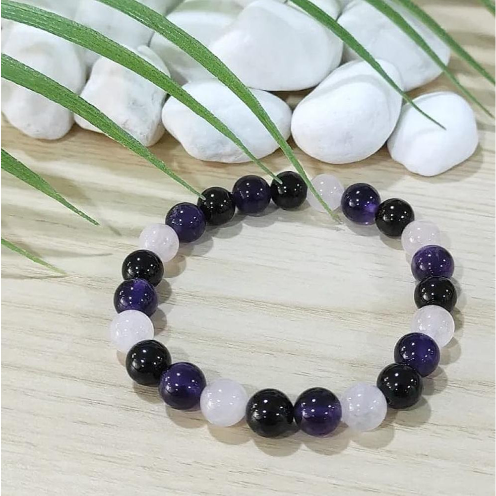 Genuine Natural Black Tourmaline Amethyst Rose Quartz Bracelets For Women 8mm Healing Crystal Stretch Round Bead Bracelet  - 1