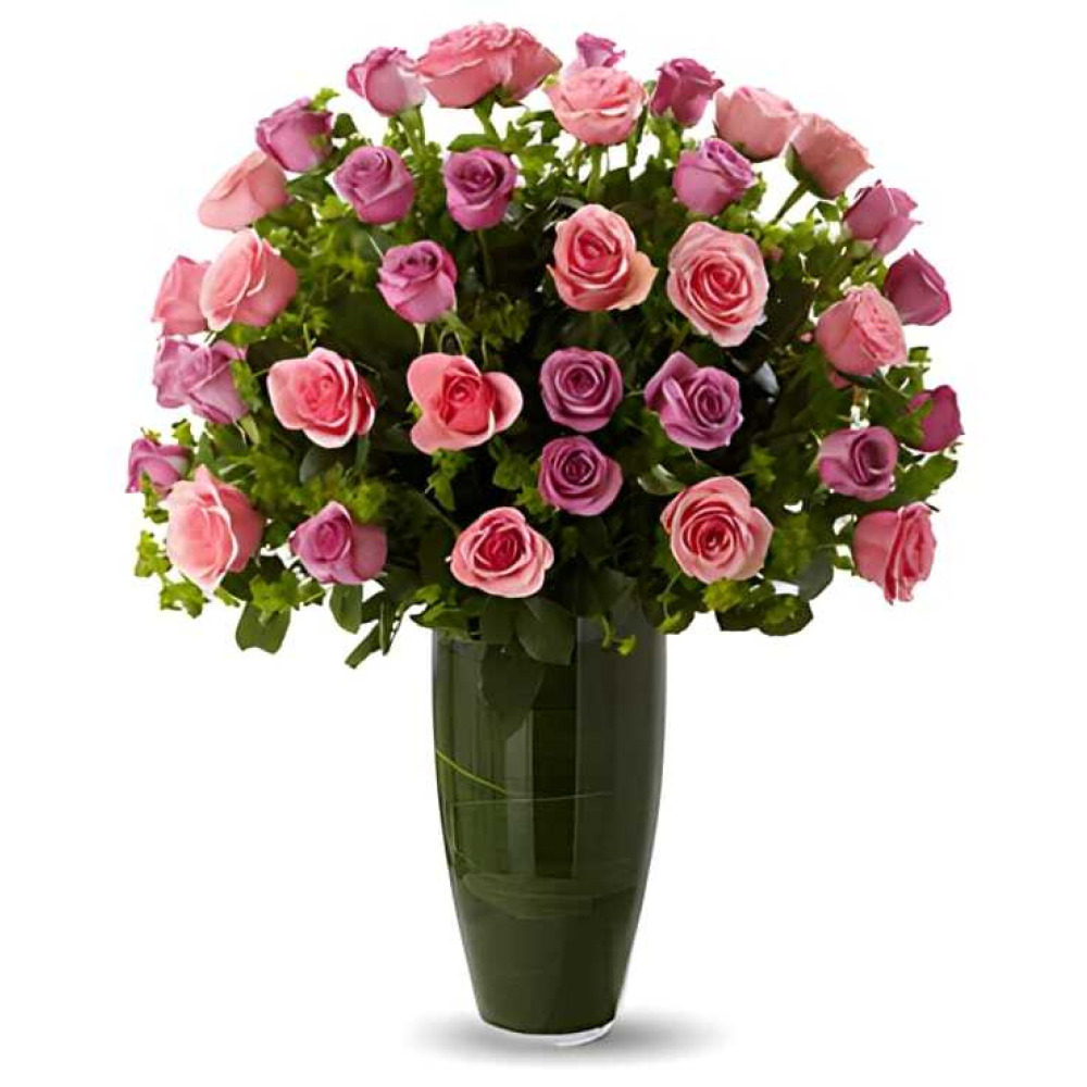 Rosy Posy - Elegant Pink and Purple Bouquet - 35 Light Blooms in Glass Vase - 1