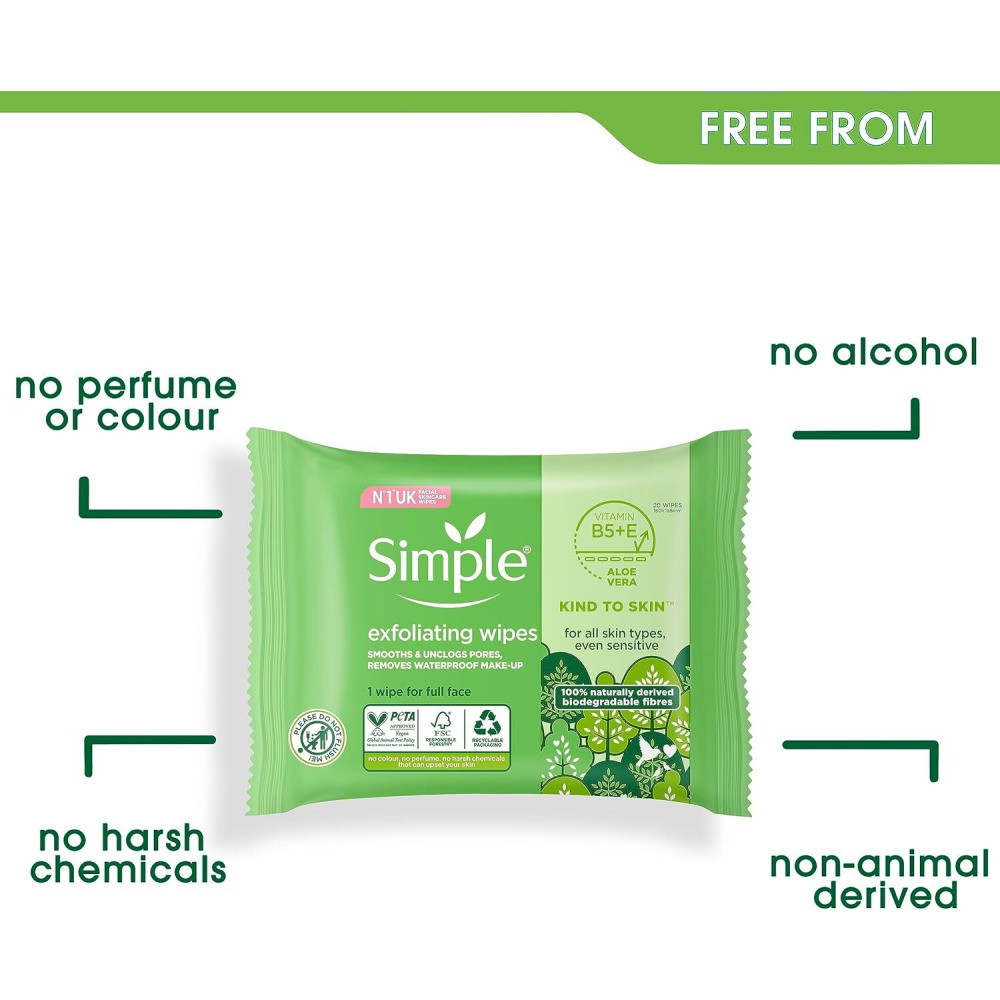 Simple, Exfoliating Face Wipes cleansing wipes for sensitive skin, 20 wipes - 3