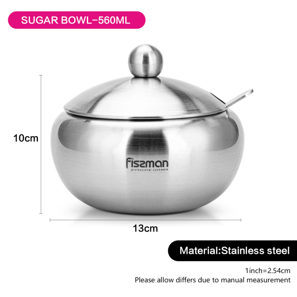 Fissman Stainless Steel Sugar Bowl With Lid And Spoon Silver 560ml - 2