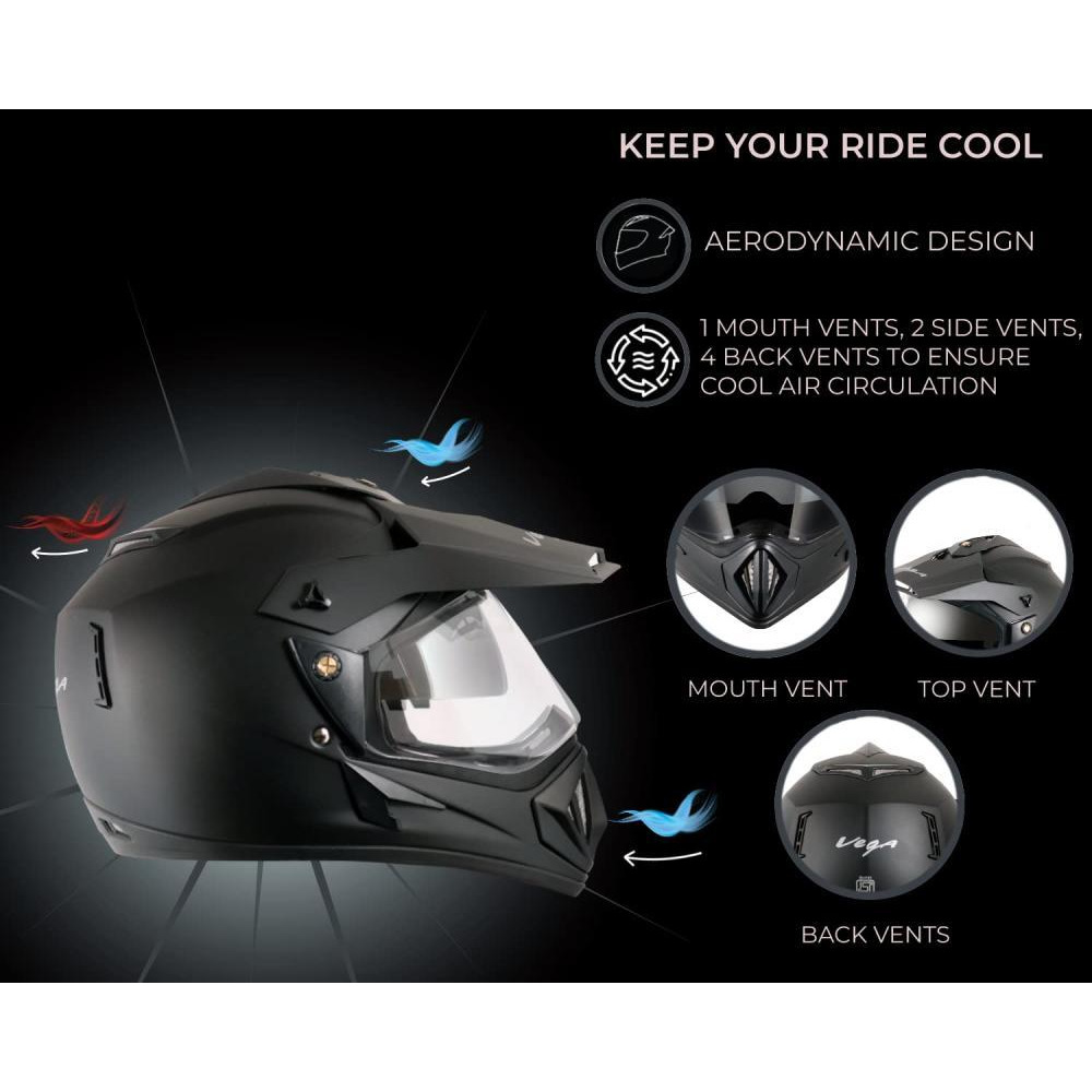 Vega Off Road ISI Certified Matt Finish Full Face Dual Visor with Peak Helmet for Men and Women Outer Clear Visor and Inner Smoke Sun Visor (Dull Blac - 3