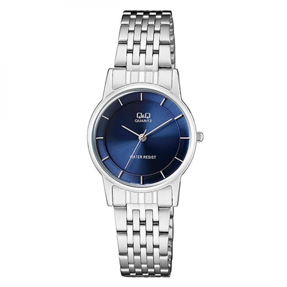 Q\&Q QA57J202Y analog dress watch for ladies in silver stainless steel chain \& blue dial with water resistance. - 1