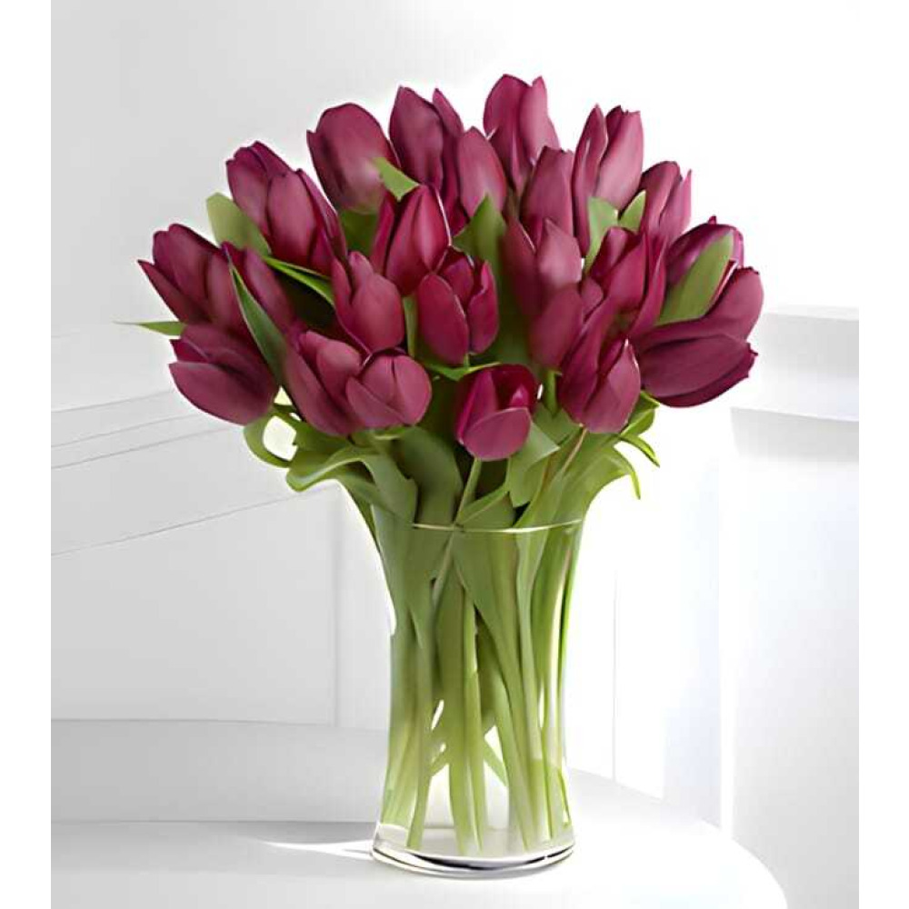 Pink Pearl Tulip Symphony - 25 Purple Tulips in Vase - 1
