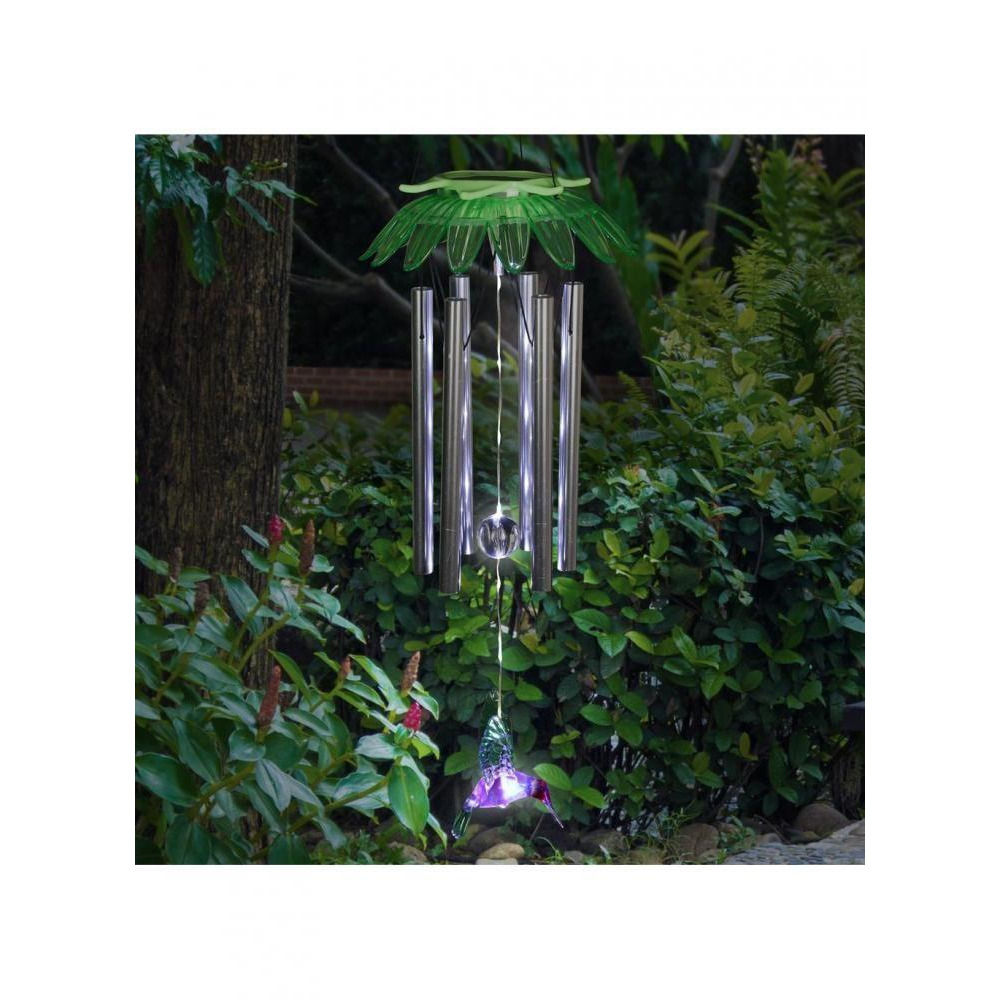 Exhart Solar Flower Wind Chime with 8 White LEDs Green Hummingbird - 4