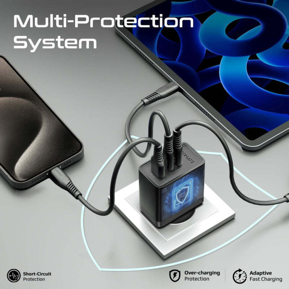 Promate 45W Power Delivery GaNFast™ Charger with Quick Charge 3.0 - 5