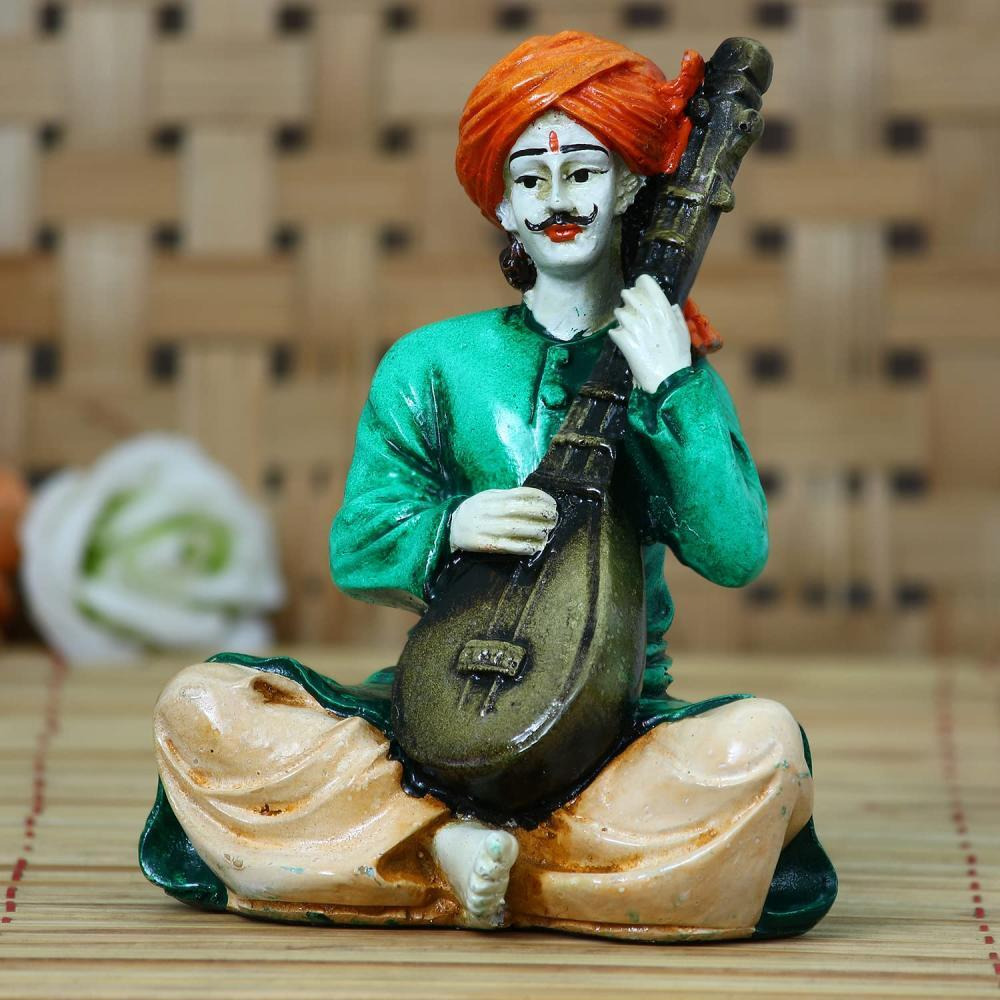 eCraftIndia Rajasthani Playing Sitar Musical Instrument Polyresin Statue (11.25 cm x 7.5 cm x 15 cm, Red and Brown) - 1