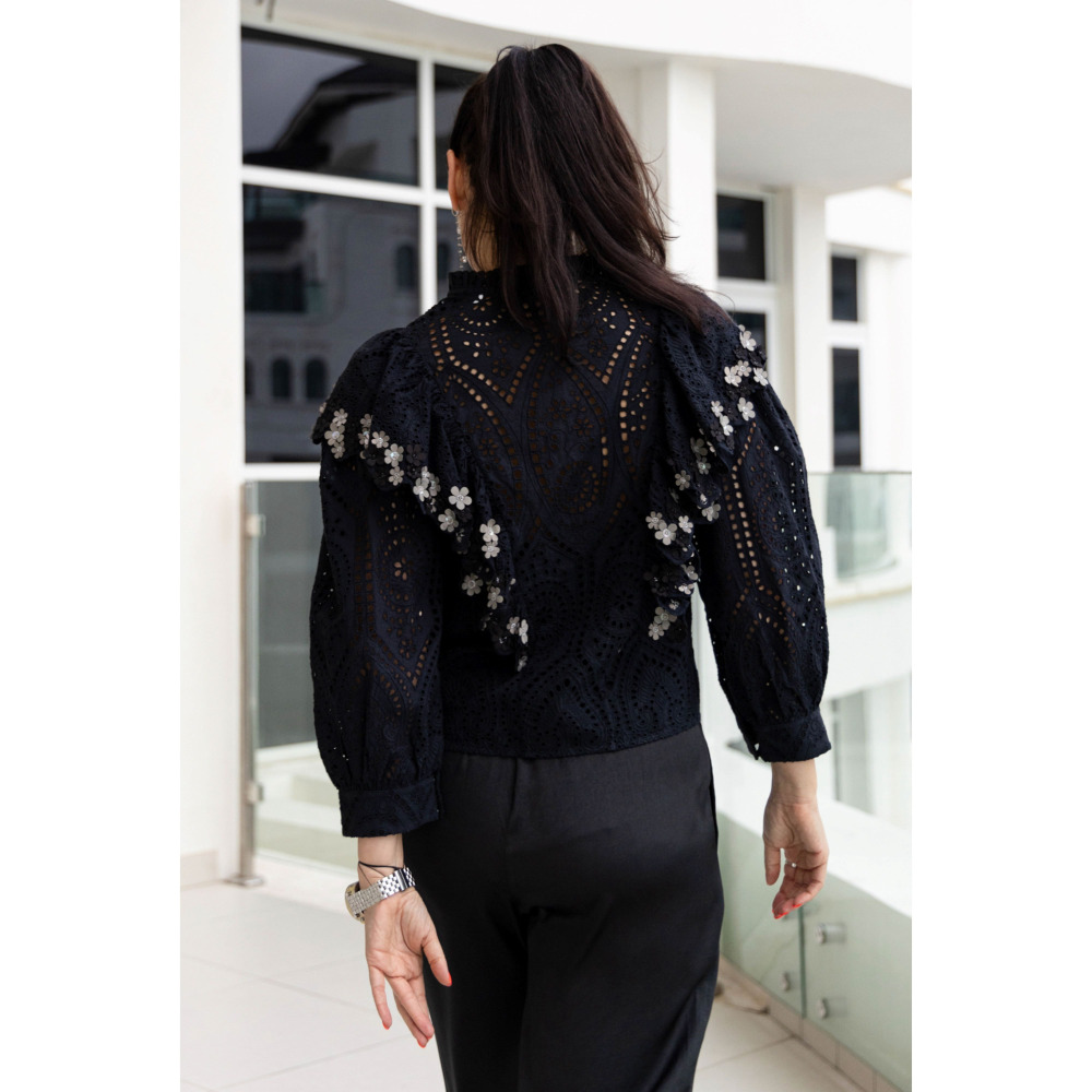 الروح الآسيوية، سترة علوية من الدانتيل باللون الأسود، مقاس صغير (S) - 2