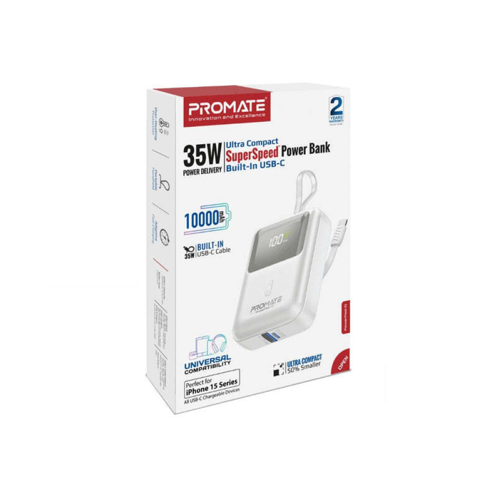 Promate PowerPod-10 Ultra Compact 35W SuperSpeed™ Power Bank with Built-In USB-C Cable - 1