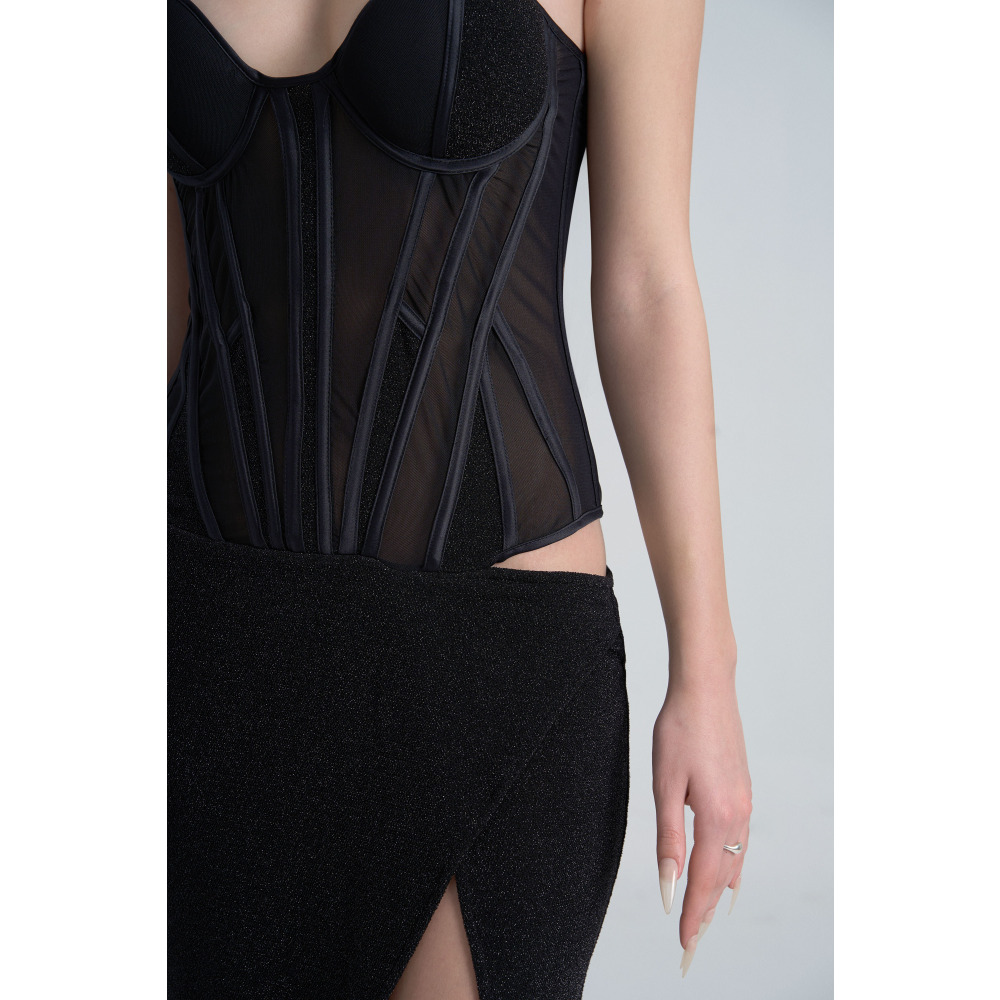 فستان كورسيه شبكي، اسود، مقاس L - 5